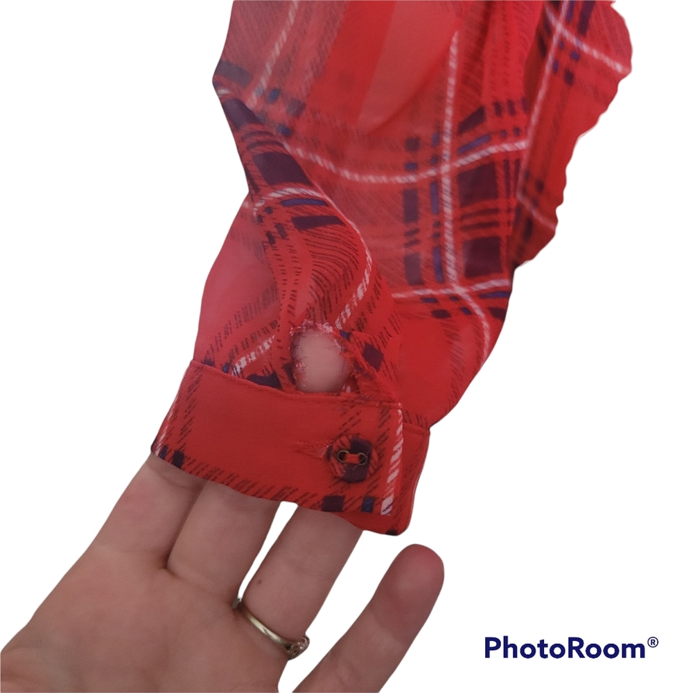 SKIES ARE BLUE RED PLAID SHEER TOP - S - Picture 4 of 7